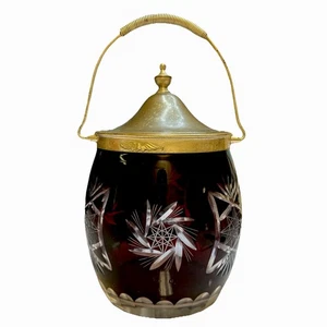 Antique/Vintage 8" Ruby Cut to Clear Biscuit Barrel with Metal Top - ESTATE - Picture 1 of 4