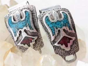 Puntas de reloj Thunderbird turquesa mosaico plata esterlina vintage 5 gramos - Imagen 1 de 6