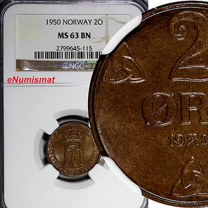 Norway Haakon VII Bronze 1950 2 Ore NGC MS63 BN 1 GRADED HIGHEST KM# 371 (115) - Picture 1 of 3