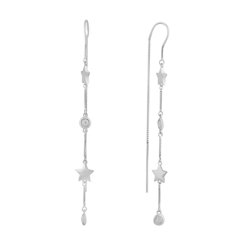 925 Sterling Silver thread Earring and Fashion Zircon Design White Gold Finish - Image 1 of 4