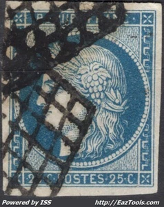 FRANCE CERES 25c BLEU N° 4 AVEC OBLITERATION GRILLE - Picture 1 of 2