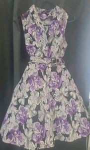 ZAFUL Black N Purple Floral Belted Fit N Flair Dress Sz L collar Button Rckably - Picture 1 of 7