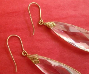 14k Yellow Gold Faceted Crystal Quartz Drop Dangle Earrings 1.75" - Picture 1 of 12