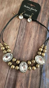 Statement necklace corded goldtone beads plastic jewels jewelry earrings N2 - Picture 1 of 3