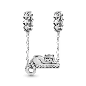 925 Sterling Silver pet lover star sleeping cat safety charm Bracelet Charm - Picture 1 of 3