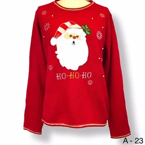 Holiday Time Ugly Christmas Sweater Crewneck Ho Ho Ho Santa Head Red Sz L 12/14 - Picture 1 of 10