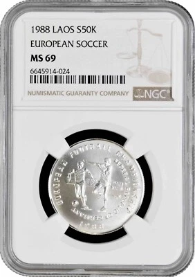 Laos 50 kip 1988, NGC MS69, "UEFA - Germany 1988" Pop 2/1 silver coin - Image 1 of 2