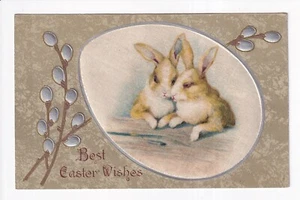 Rabbits, pussy willows egg shaped silk inset BEST EASTER WISHES, Winsch pub 1909 - Bild 1 von 2