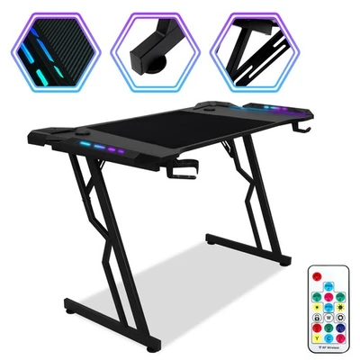 Gaming Schreibtisch Tisch mit LED Computertisch Bürotisch Gamingtisch Z-Form RGB - Bild 1 von 4