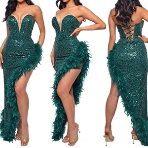 Glamouröses Maxikleid mit Pailletten und hohem Seitenschlitz und Federn innen - Bild 1 von 22