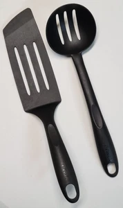 T-Fal Black Nylon Angled Fish Spatula Slotted Turner Long Blade & Strainer Spoon - Picture 1 of 12