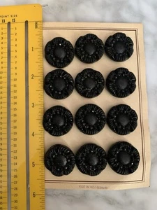 12 Antique Vintage Black Glass Button Carved Flower West Germany 1" Inch Diamete - Picture 1 of 7
