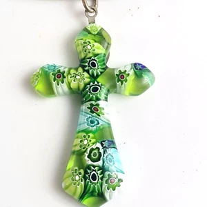 Collar Style Green Millefiori Glass Cross Pendant Necklace Thin Green Meta Chain - Picture 1 of 3