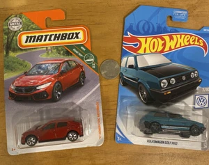 Lot Of 2 Cars 2017 Matchbox Honda Civ & 2019 Hot Wheels VOLKSWAGEN GOLF MK2 Blue - Picture 1 of 4