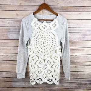 Sundance Gray Marled Crochet Overlay Front Pullover Sweatshirt Top Size Small - Picture 1 of 8