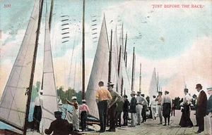 POSTAL DE VELA VINTAGE VELEROS EN MUELLE JUSTO ANTES DE LA CARRERA 1909 080723 S - Imagen 1 de 2