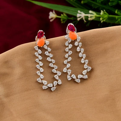 5.78 Tcw Natural SI/H Diamond Ruby Coral Gemstone Dangle Earrings 18k White Gold - Image 1 of 4