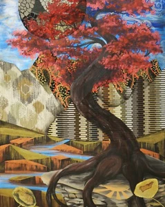 Paisaje surrealista de medios mixtos Montañas Bonsai de arce rojo - Impresión ACEO 3 de 10 - Imagen 1 de 1