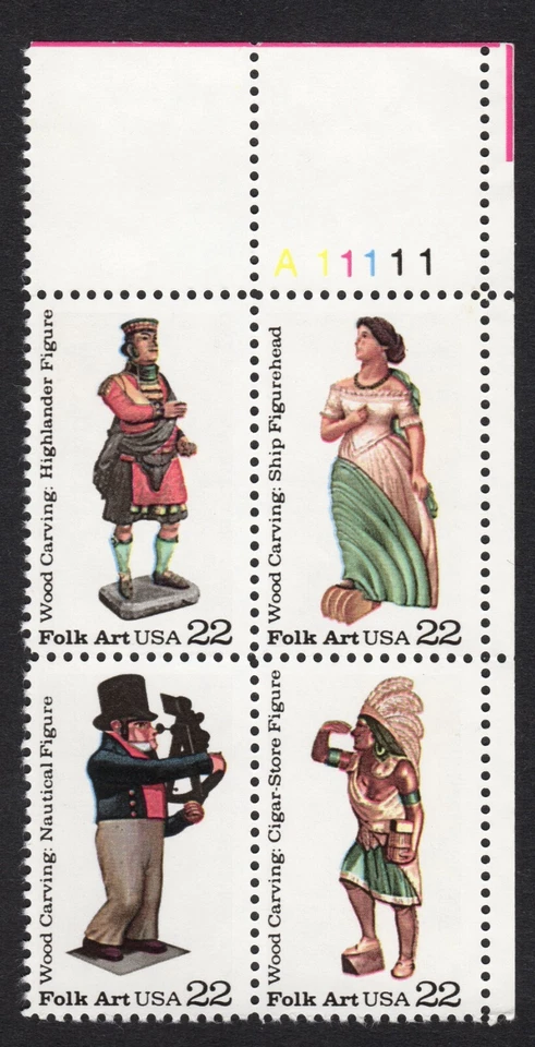Scott #2243a (2240-43) Wood Carved Figurines Plate Block of 4 Stamps - MNH UR - Image 1 of 1