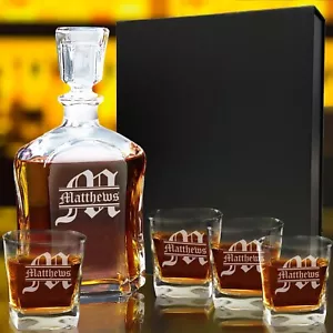 Maßgeschneidertes graviertes Whiskey-Dekanter-Set, 4 Gläser und Geschenkbox - klassisches Design - Bild 1 von 4