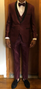 Mens Cielo Burgundy 3 Piece Prom Tuxedo Tailored Size 40R (Medium)