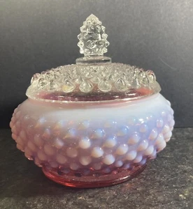 Vtg Fenton Cranberry Opalescent Hobnail Powder Jar With Clear Lid - Picture 1 of 9