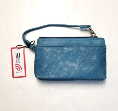 ILI New York Mujer Azul Paisley Cuero Genuino RFID Muñequera Billetera Organizador Foto 1 de 4