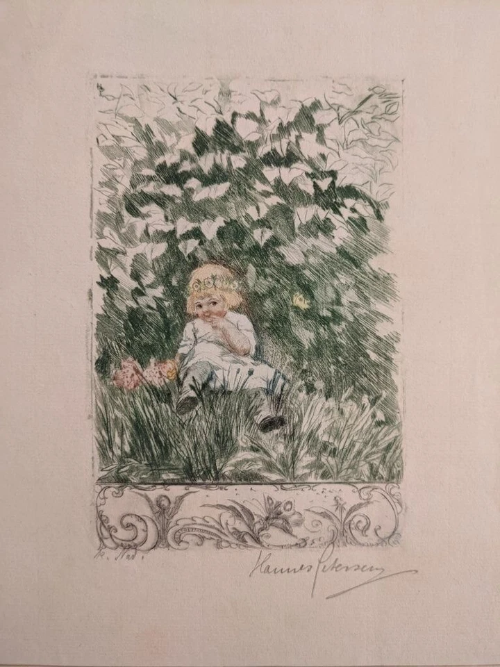 Antike Radierung koloriert signiert Hannes Petersen Kind Mädchen im Garten Natur - Bild 1 von 1