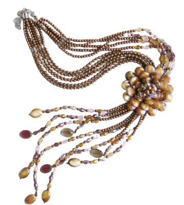 Joan Rivers Starlet Iridescent Beaded Necklace Cluster Flower Golden Bronze 20" - Image 1 of 4