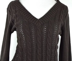 Calvin Klein Medium Dark Brown V Neck Sweater 100% Cotton Fisherman Cable Knit - Picture 1 of 7