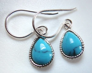 Very Small Blue Turquoise Teardrop Dangle Earrings 925 Sterling Silver - Picture 1 of 2