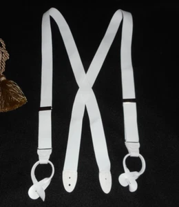 White Suspenders Elastic Button-on Faux Leather Fittings Silver Tone Hardware - Picture 1 of 5