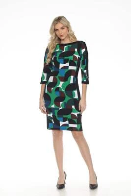 Joseph Ribkoff Vanilla/Multi Geometric Print Boat Neck Sheath Dress 243324 Foto 1 de 4