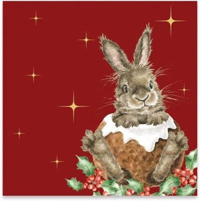 Christmas Napkins Wrendale Designs - 20 Christmas Pudding Rabbit Cocktail Napkin - Image 1 of 2