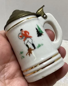 Vintage Miniature Beer Stein England Fox Hunt w Hunting Horn Brass Lid - Picture 1 of 9