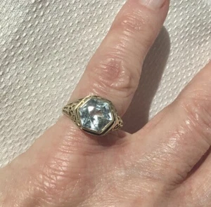 ANTIQUE 15KT GOLD FANCY FILAGREE RING PALE AQUAMARINE SYNTHETIC STONE-SZ 5 - Picture 1 of 12