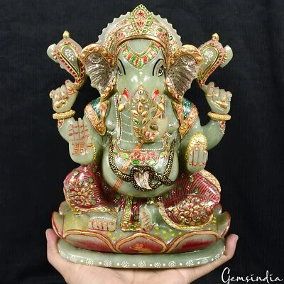 10" Natural Handmade Aventurine (Indian Jade) Ganesha Sculpture Carving Figurine - Image 1 of 4