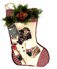 3-D Country Christmas Snowman Stocking 15" Muslin Burgundy Knit Trim Pine Rustic