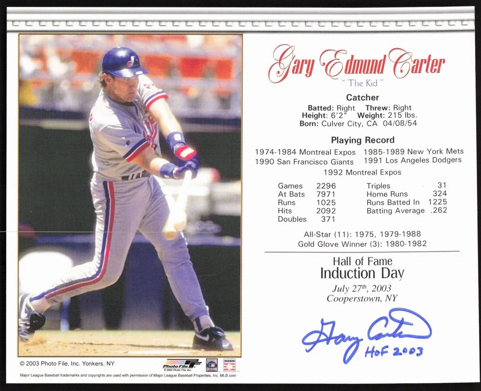 Gary Carter Signed Baseball Hall of Fame Induction Day 8x10 Photo Card Auto - Image 1 of 1