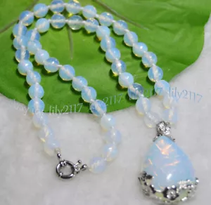 Faceted SriLanka White Moonstone Opal Gems Round Beads Teardrop Pendant Necklace - Picture 1 of 10
