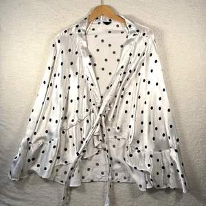 Top Shop Wrap White Polkadot Top With Front Ties Size 10 Satin Feel - Picture 1 of 8