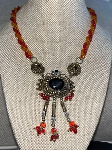 Bollywood Necklace orange and red, diamonte, goldtone black pendent Necklace - Picture 1 of 8