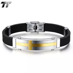 TT Two-Tone Gold Stainless Steel Cross ID Bracelet (BBR215)NEW - Picture 1 of 1