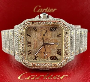 Cartier Santos 45mm XL Chrono Men's 18k Gold & Steel Watch 25ct Iced Diamonds - Picture 1 of 7