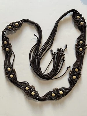Macrame Belt Womens 38” Rope Beads 16” Fringe Tie Boho Hippie Rare Great Gift - Image 1 of 4
