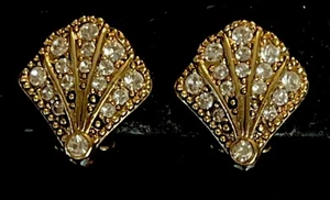 Crystal & Gold Tone Fan Clip On Earrings - Picture 1 of 2
