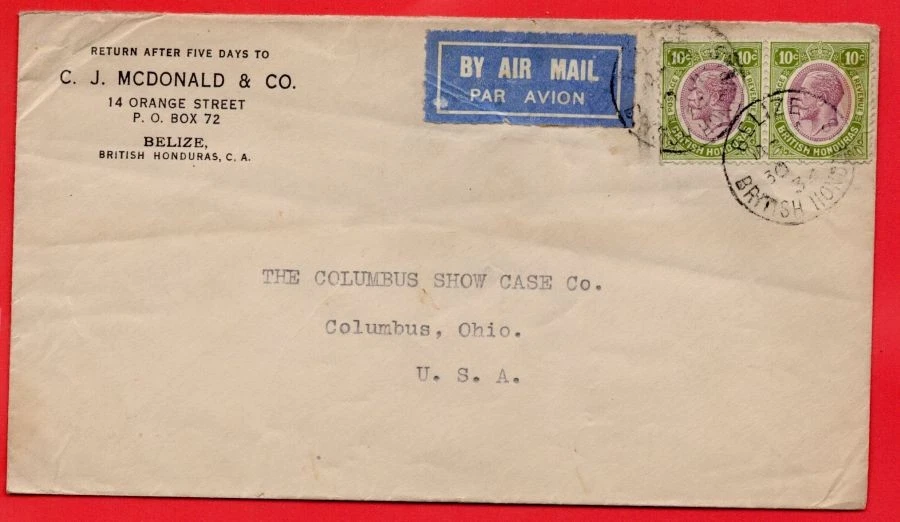 Honduras Británica KGV 10c Par en McDONALD & Co Adv Cubierta a EE. UU. 1934 Foto 1 de 1