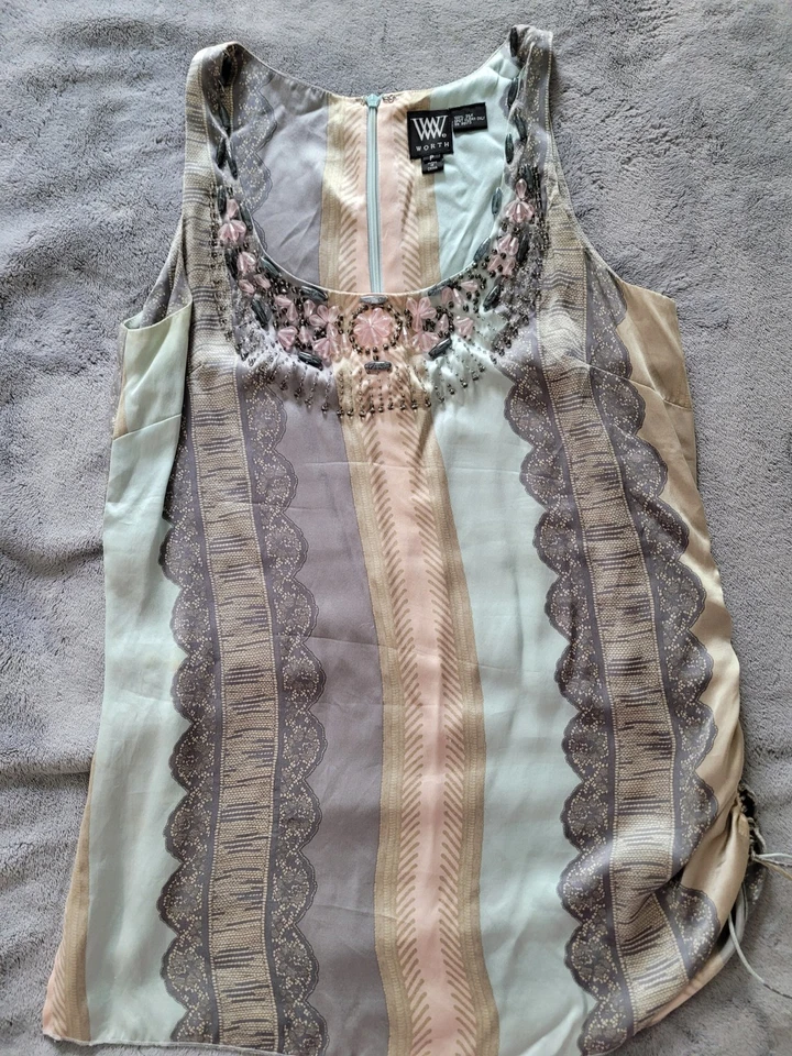 Worth 串珠蕾丝条纹印花丝绸背心,尺寸 S — 第 1/4 张图片