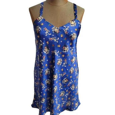 Vtg Looney Tunes Satin Cartoon Print Blue Slip Dress Pajama Nightgown Sz Lg - Image 1 of 4