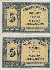 Morocco 5 Francs Banknotes Lot of 2 - P24 - 1943 & 1944 - VF + Gift! MOR23 - Picture 1 of 5